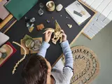 Overhead view of LEGO Triceratops Skull building process.