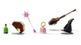 Lego Elphaba & Glinda set accessories close-up.