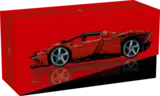 Lego Ferrari Daytona SP3 in a red display box with reflection.