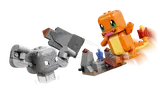 Charmander jumps as Geodude throws rock.
