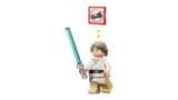 LEGO Luke Skywalker minifigure with lightsaber and thought bubble.