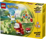 Assembled LEGO Sprigatito, Fuecoco, Quaxly, battle wheel, Poké Ball.
