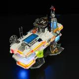 Overhead view of illuminated docking bay and base.
