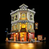 Lumibricks Antique Co, illuminated night scene.