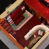 Overhead interior view of theatre lobby and stairs.