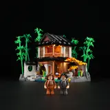Minifigures by illuminated house.