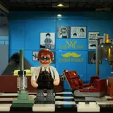 Barbershop interior, lit.