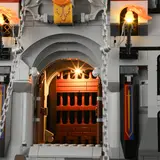 Illuminated interior of the main castle gate.