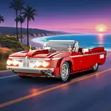 Low rider on coastal road, sunset, headlights.