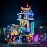 Cyberpunk city build glowing with night-time LEDs.