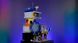 Side view of modular cyberpunk station with train.
