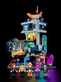 Cyberpunk minifigures in front of glowing city.