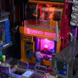 Cyberpunk arcade scene.