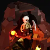Miner in illuminated cavern.