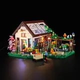 Night view of Lumibricks greenhouse, gardener, and illuminated path.