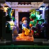Interior view of greenhouse with minifigure and plant lights.