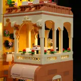 Illuminated arched balcony.