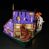 Top-rear view of Lumibricks Retro House 10014, highlighting roof tiles and staircase.
