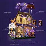 Exploded view of Lumibricks Retro House 10014 showing modularity and room labels.