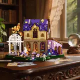 Lumibricks Retro House 10014 on a wooden desk, softly illuminated.