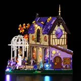 Side view of Lumibricks Retro House 10014, featuring a glowing stained glass window.