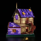 Rear view of Lumibricks Retro House 10014 with spiral staircase and glowing windows.