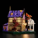 Rear-side view of Lumibricks Retro House 10014, staircase to balcony, glowing pavilion.