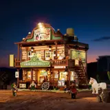 Dusk view of the illuminated 'Gold Rush Hotel'.