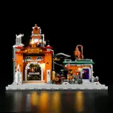 Steampunk factory fully lit at night, front view.