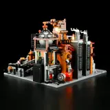 Steampunk factory rear view, conveyor belt lit.