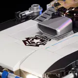Hood emblem and engine intake.