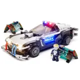 Cyberpunk police car with lights, minifigure, and debris.