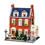 Front view, Redbrick Row House with lights.