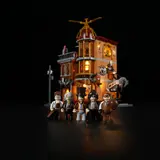 Steampunk minifigures in front of lit building.