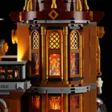 Lit 'stained-glass' tower windows.
