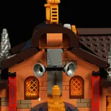 Lit steampunk rear facade.