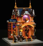 Steampunk shop lit at night.