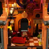 Lit steampunk interior lounge.