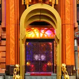 Illuminated entrance doors detail.