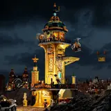 Illuminated Steampunk Watch Tower at night.
