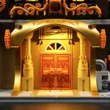 Golden arched tower entrance.