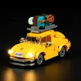 Yellow car with glowing headlights.