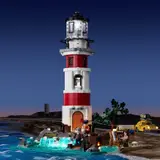 Lighthouse set at twilight, fully lit.