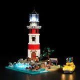 Lighthouse set in complete darkness, lit.