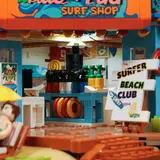 Close-up of the surf shop's lit interior.