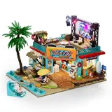Daylight view of the Tide & Tiki Surf Shop with minifigure surfing.