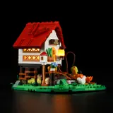 Side view, glowing windows.