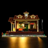 Illuminated train station facade.