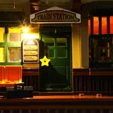 Lit train station door.