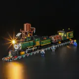 Lumibricks Western Freight train lit up in the dark.